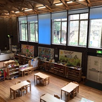The Hall -  looking East from the balcony, towards the South windows, with Montessori preschool table and chairs